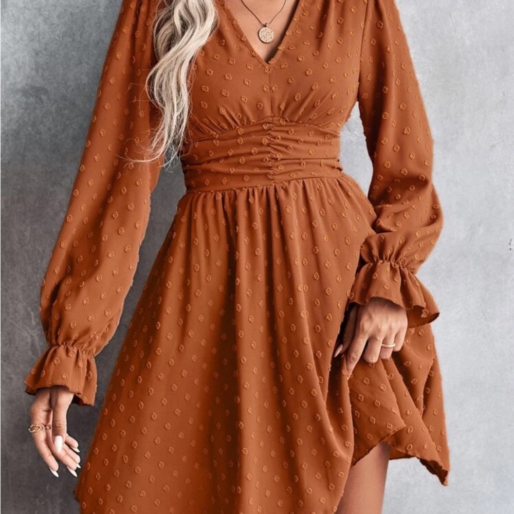 Orange A-line Dress with Bishop Sleeves and V-neck